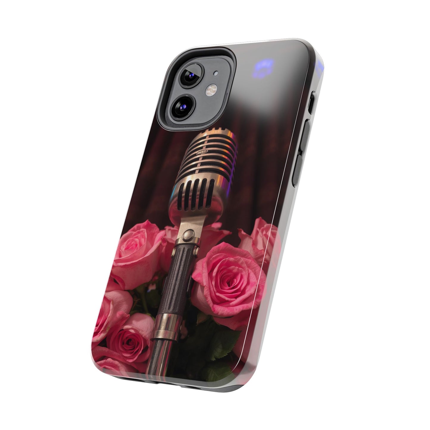 Stylish Tough Phone Case with Vintage Microphone and Roses