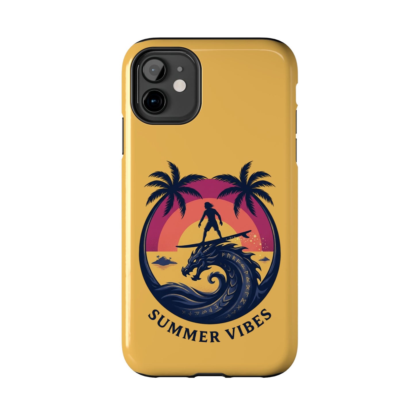Surfing Dragon Phone Case — Silhouette Surfer with Palms & “Summer Vibes”