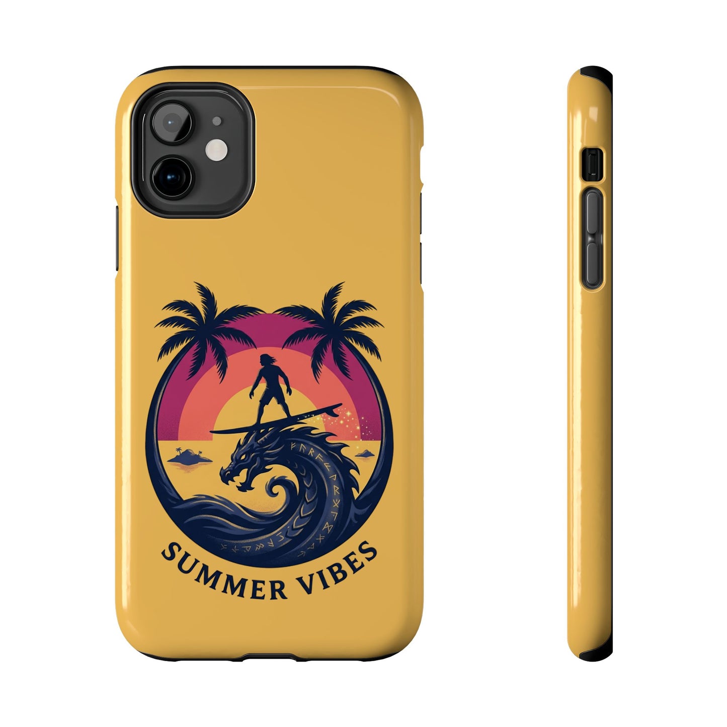 Surfing Dragon Phone Case — Silhouette Surfer with Palms & “Summer Vibes”
