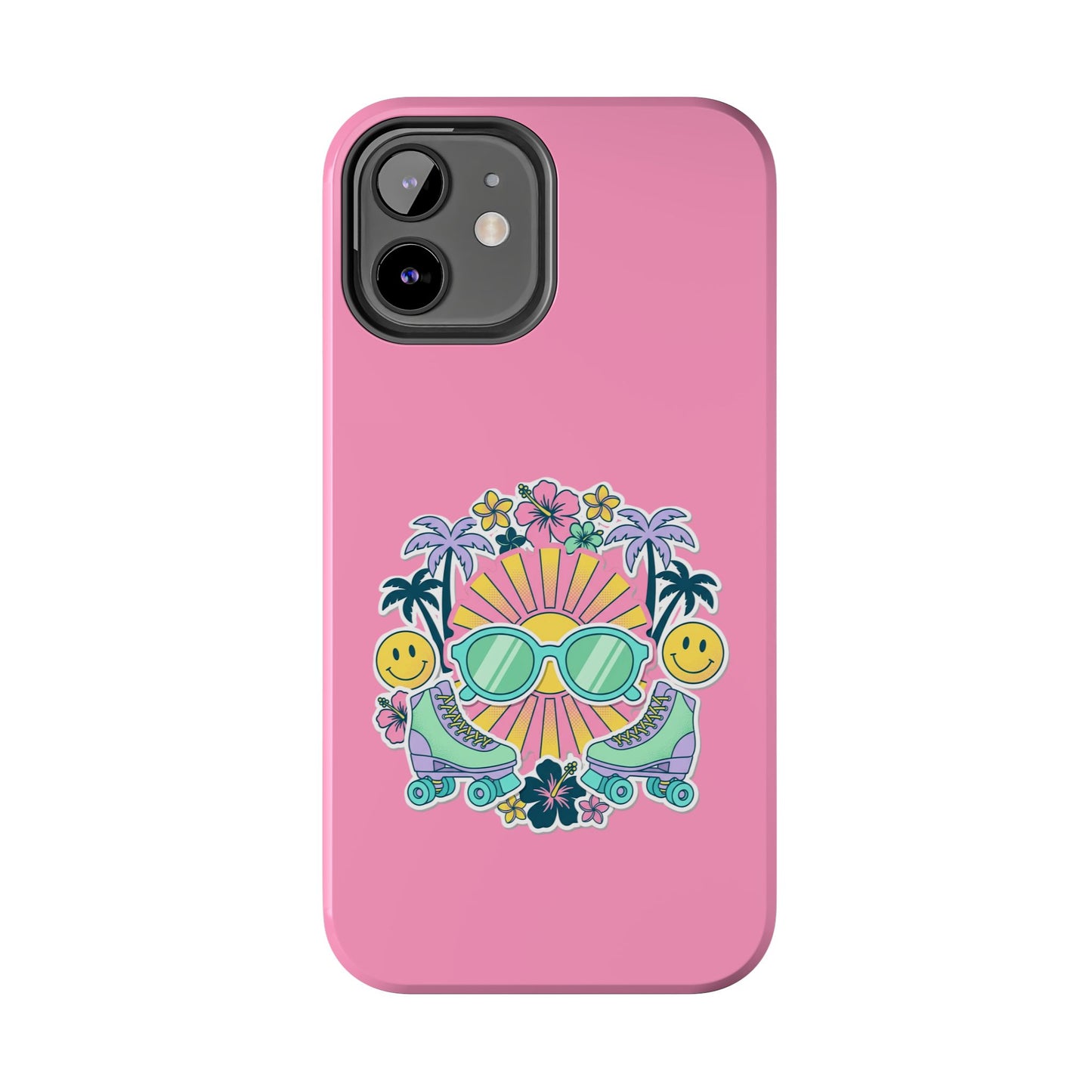 Retro Summer Phone Case — Y2K Palm Trees, Roller Skates & Smiley Collage