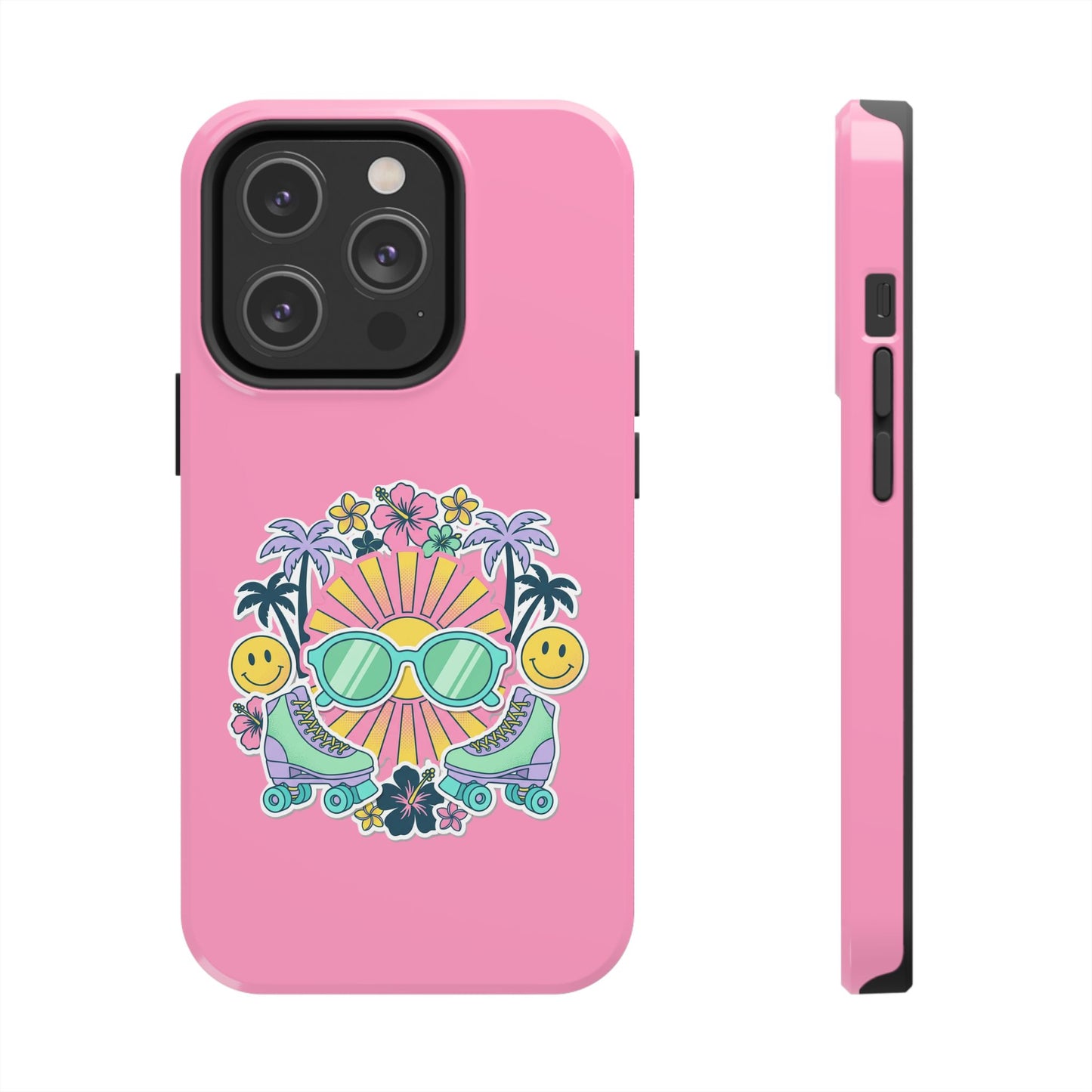 Retro Summer Phone Case — Y2K Palm Trees, Roller Skates & Smiley Collage