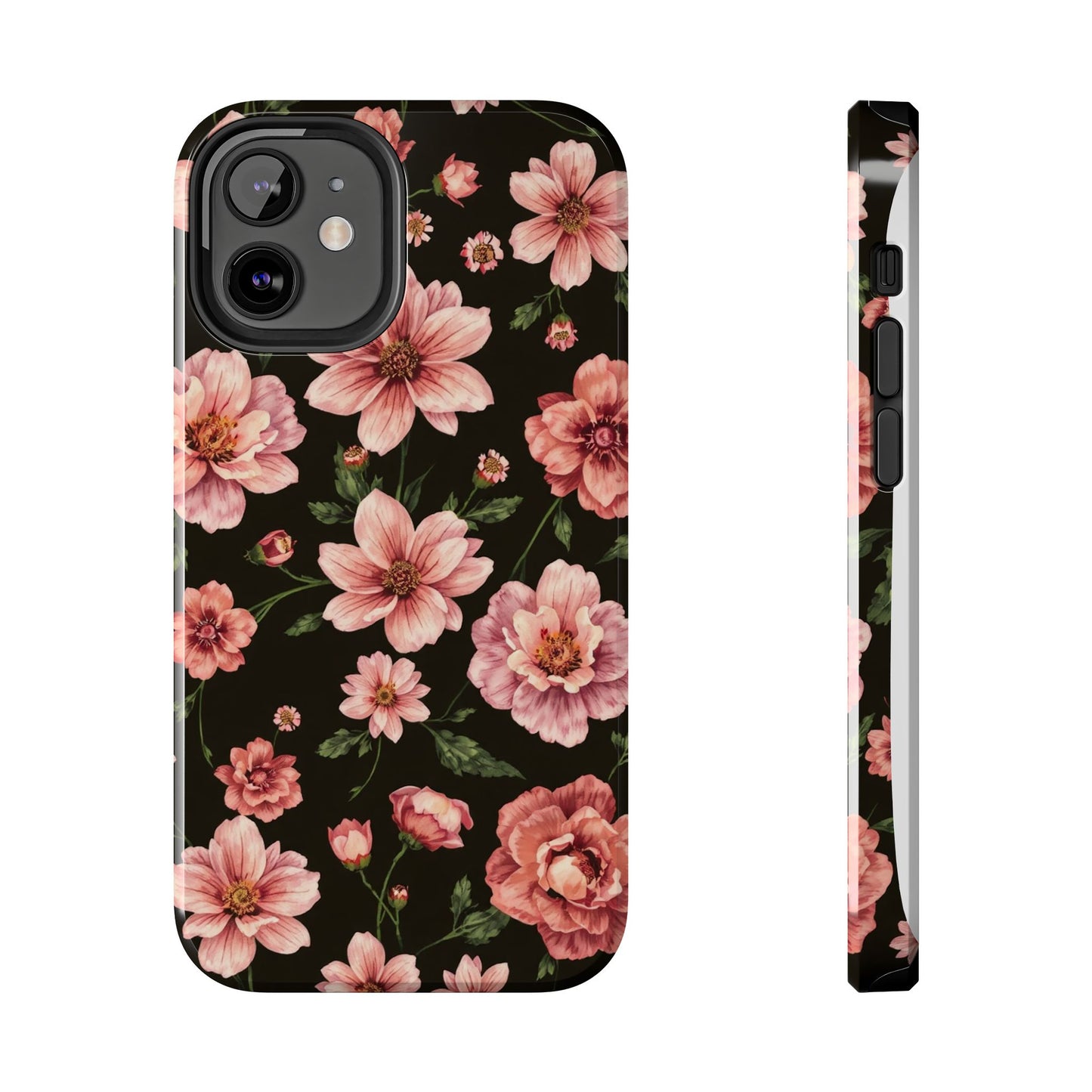 Floral Tough Phone Case - Durable Protection with Elegant Pink Flowers on Black Design - for iPhone