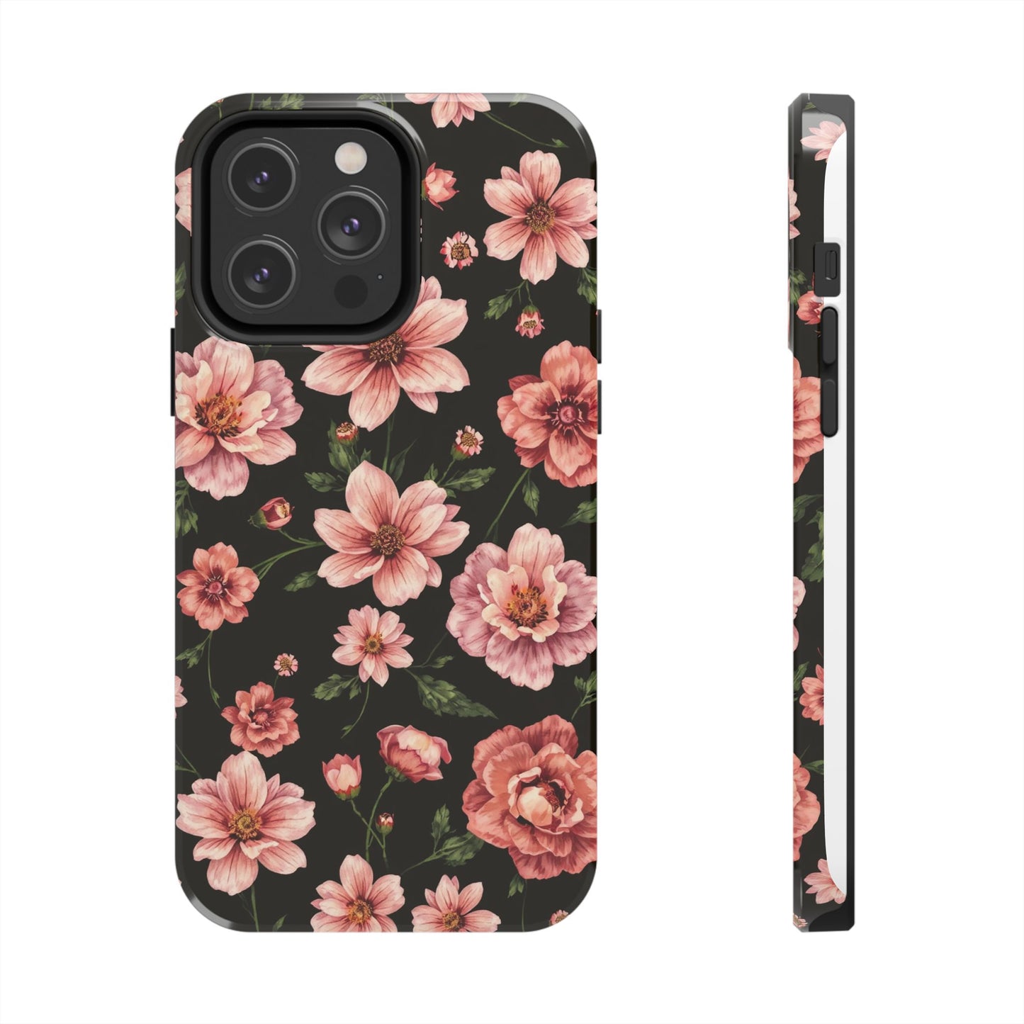 Floral Tough Phone Case - Durable Protection with Elegant Pink Flowers on Black Design - for iPhone