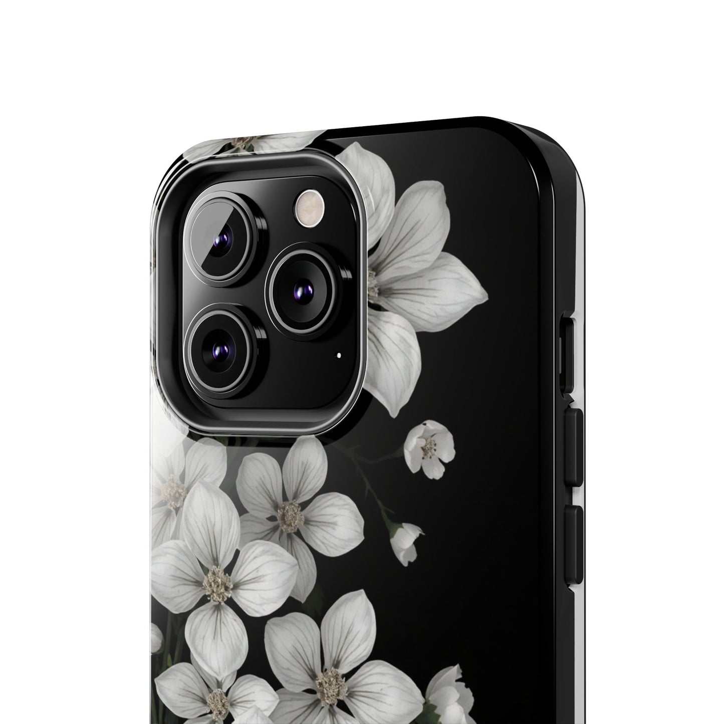 Floral Tough Phone Case - Pure Elegant White Petals on Black Background - for iPhone