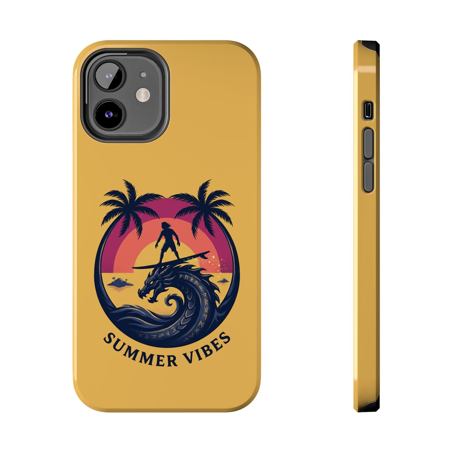 Surfing Dragon Phone Case — Silhouette Surfer with Palms & “Summer Vibes”
