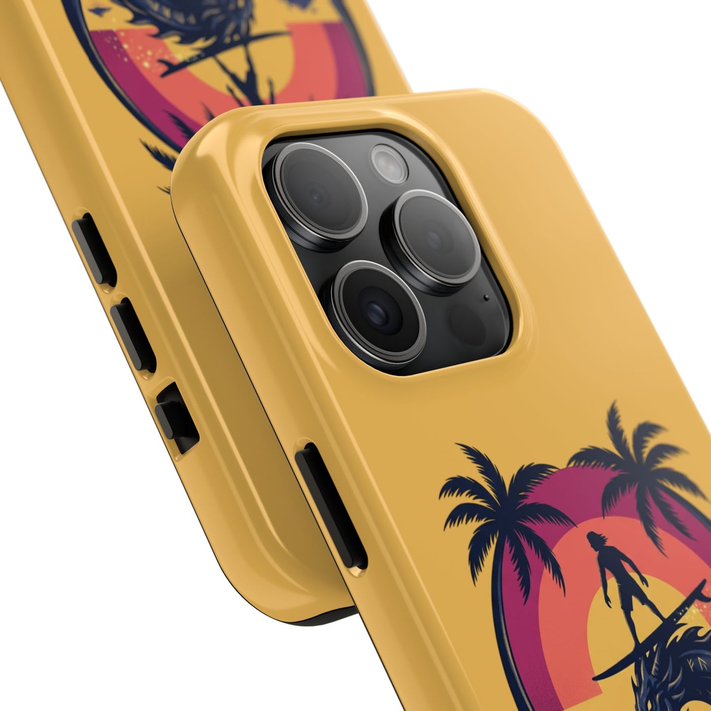 Surfing Dragon Phone Case — Silhouette Surfer with Palms & “Summer Vibes”