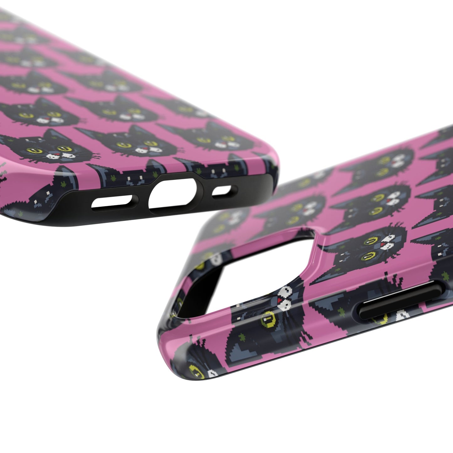 Playful Black Cat on Pink - Tough Phone Case - Pixel Cat Pattern - for iPhone