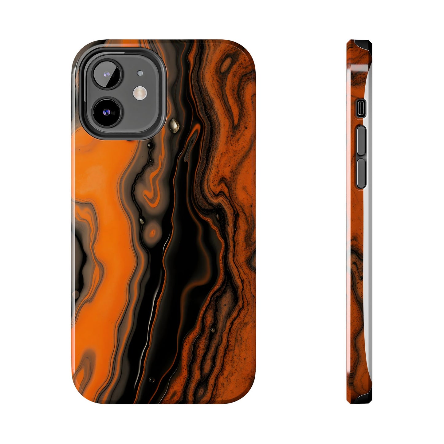Stylish Tough Phone Case - Bold Black and Orange Metallic Lava Flow Design - for iPhone