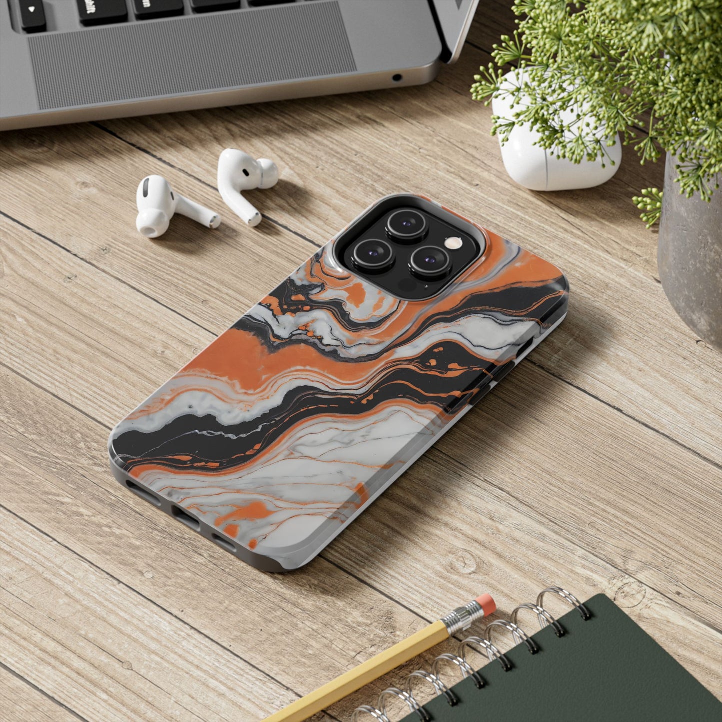 Stylish Tough Phone Case - Elegant Black, White & Orange Marble Design - for iPhone