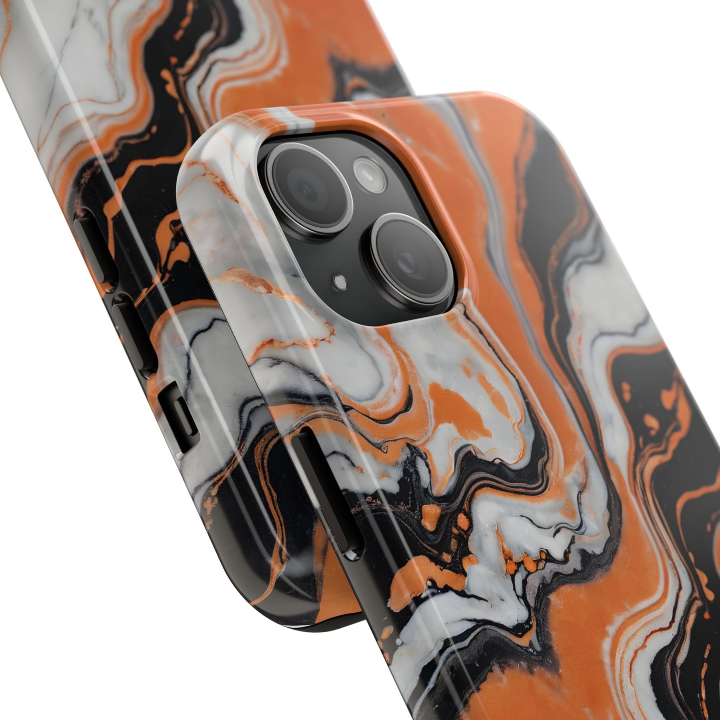 Stylish Tough Phone Case - Elegant Black, White & Orange Marble Design - for iPhone