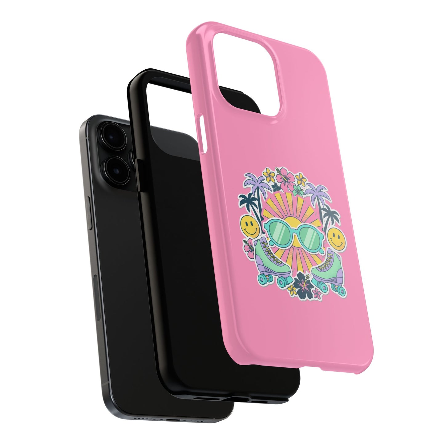 Retro Summer Phone Case — Y2K Palm Trees, Roller Skates & Smiley Collage