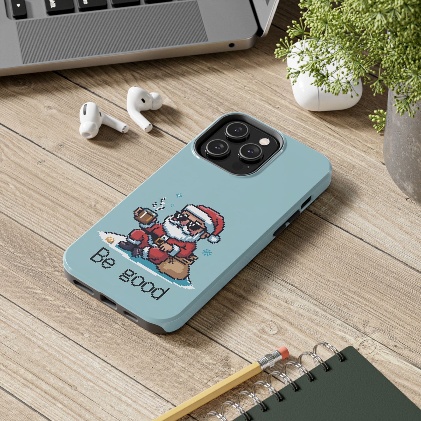 Pixel Art Santa Claus iPhone Case - Festive Tough Case with 'Be Good' Design