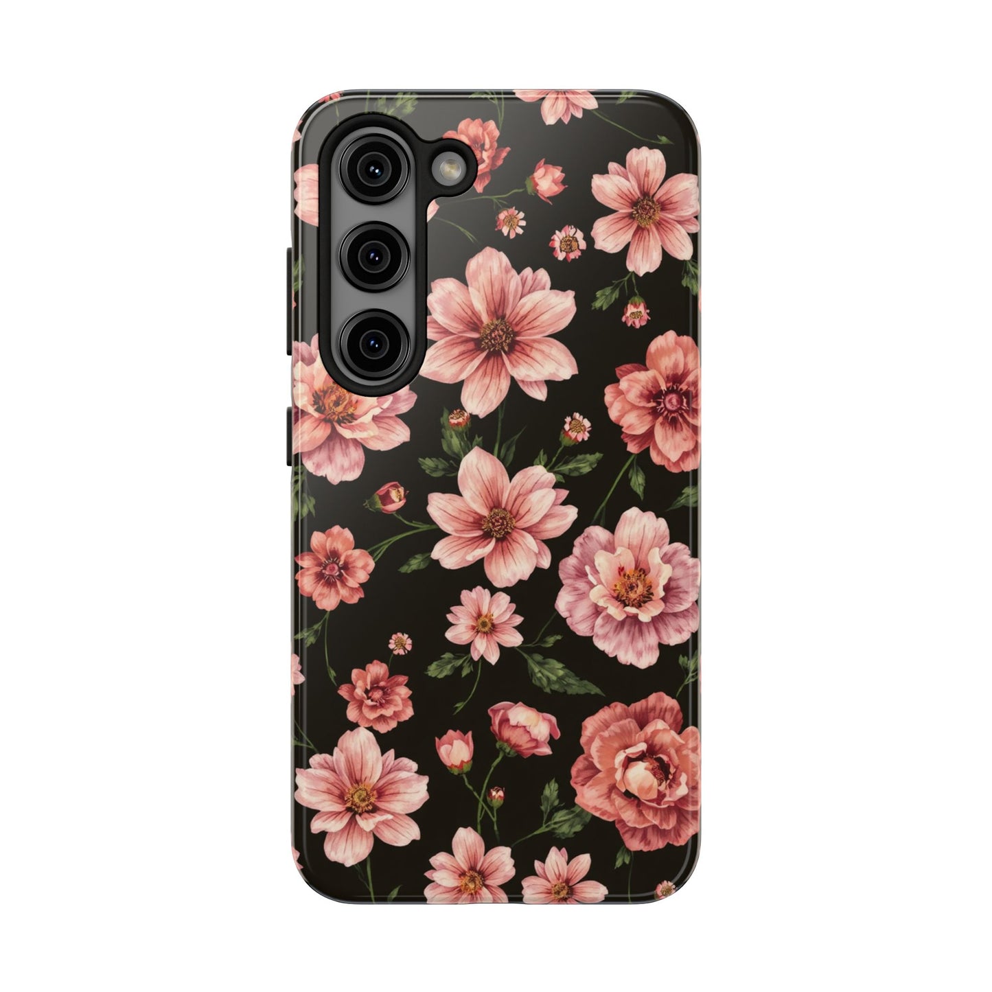 Floral Tough Phone Case - Durable Protection with Elegant Pink Flowers on Black Design - for iPhone