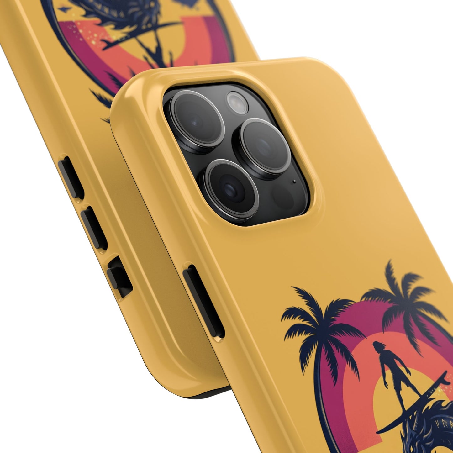 Surfing Dragon Phone Case — Silhouette Surfer with Palms & “Summer Vibes”
