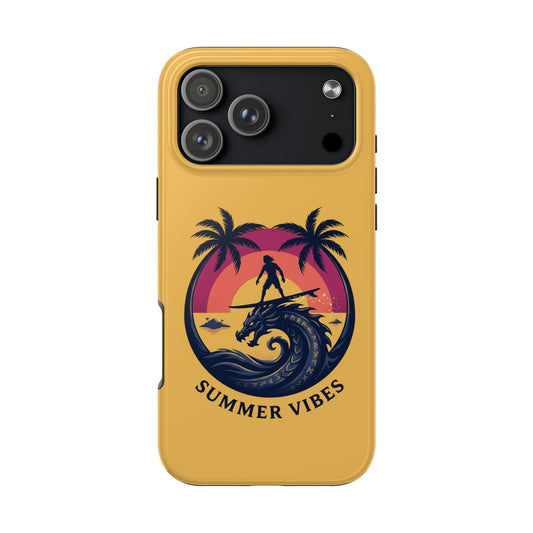 Surfing Dragon Phone Case — Silhouette Surfer with Palms & “Summer Vibes”