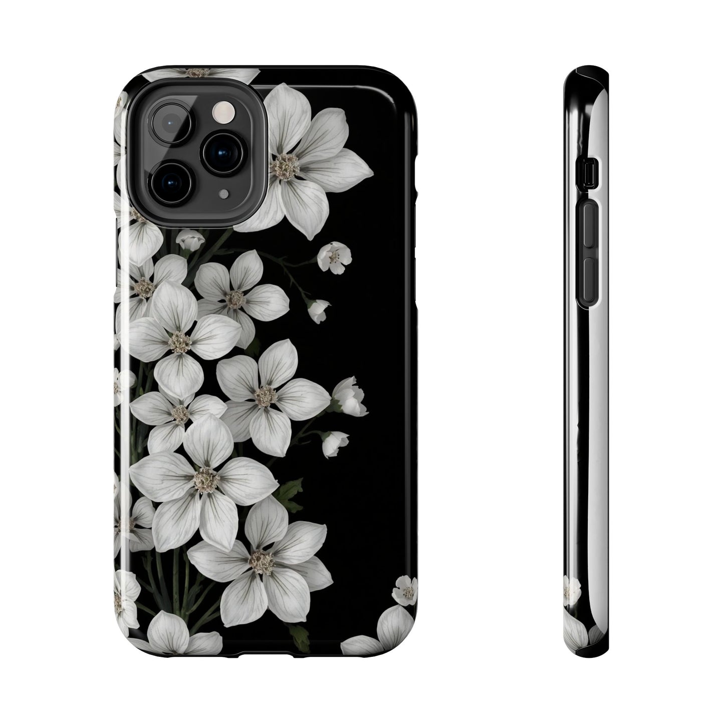 Floral Tough Phone Case - Pure Elegant White Petals on Black Background - for iPhone
