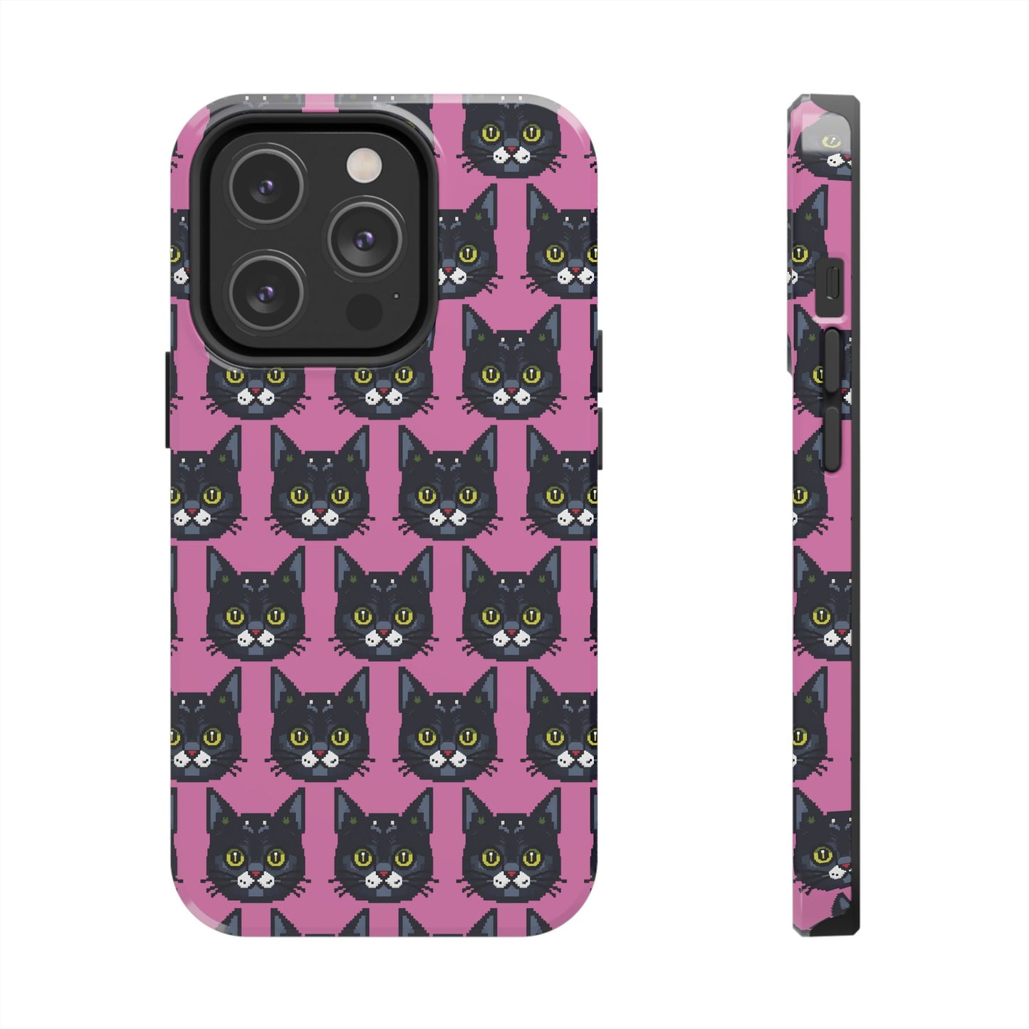Playful Black Cat on Pink - Tough Phone Case - Pixel Cat Pattern - for iPhone
