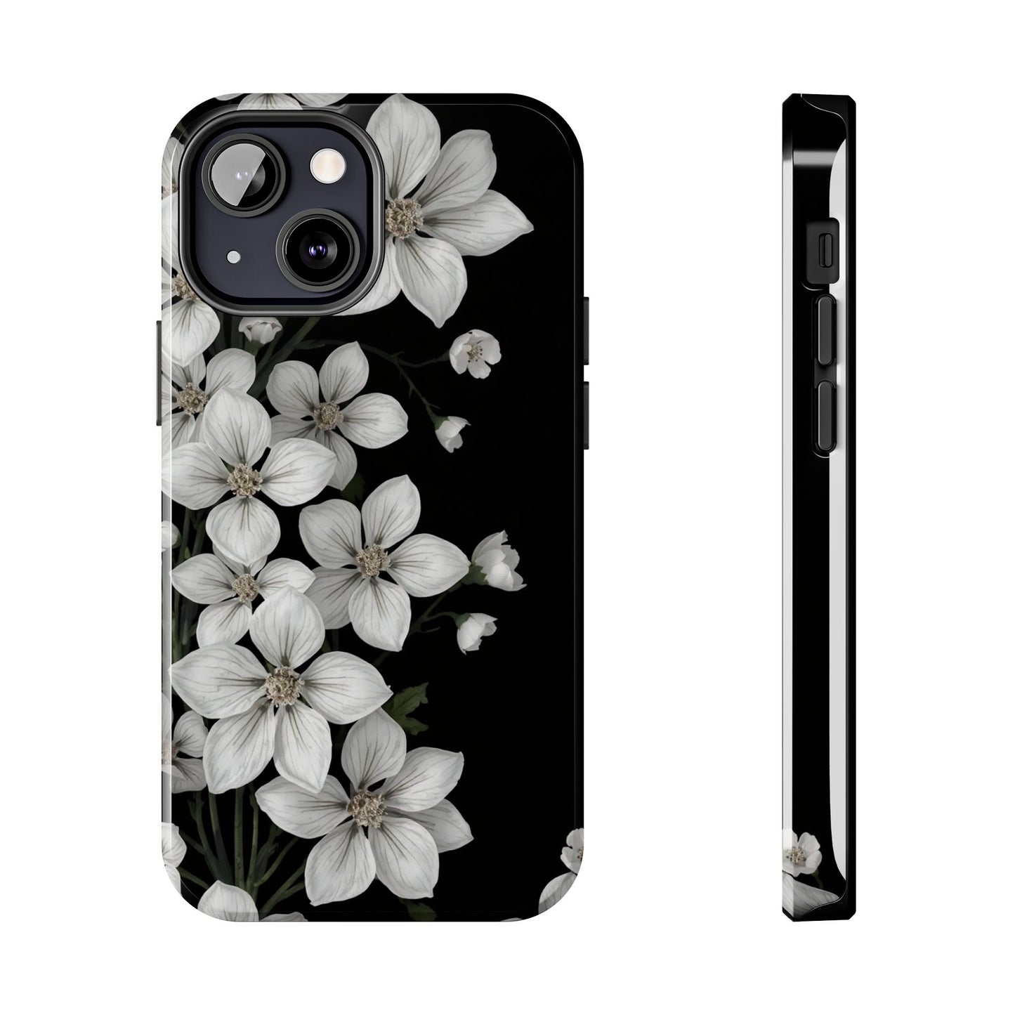 Floral Tough Phone Case - Pure Elegant White Petals on Black Background - for iPhone