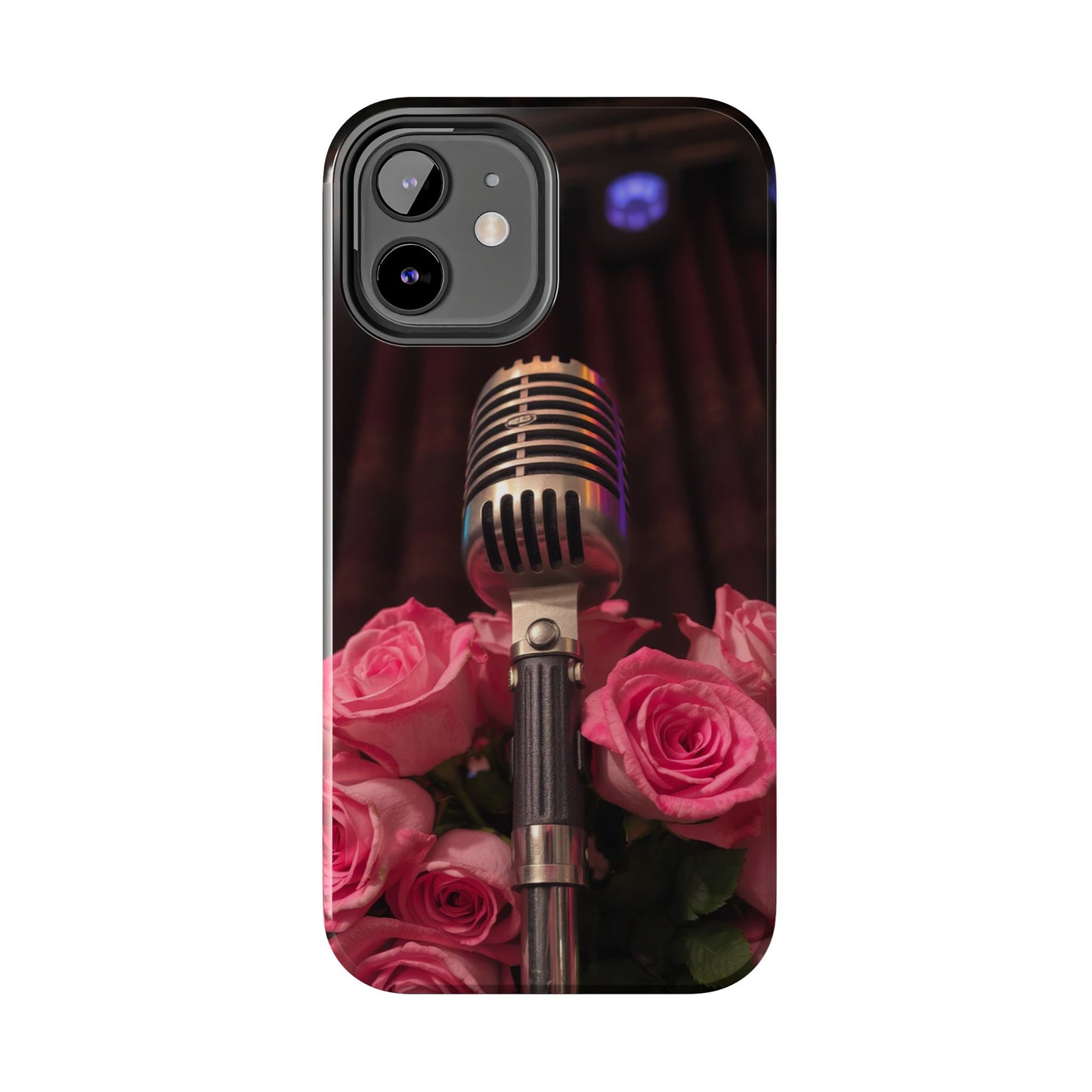 Stylish Tough Phone Case with Vintage Microphone and Roses