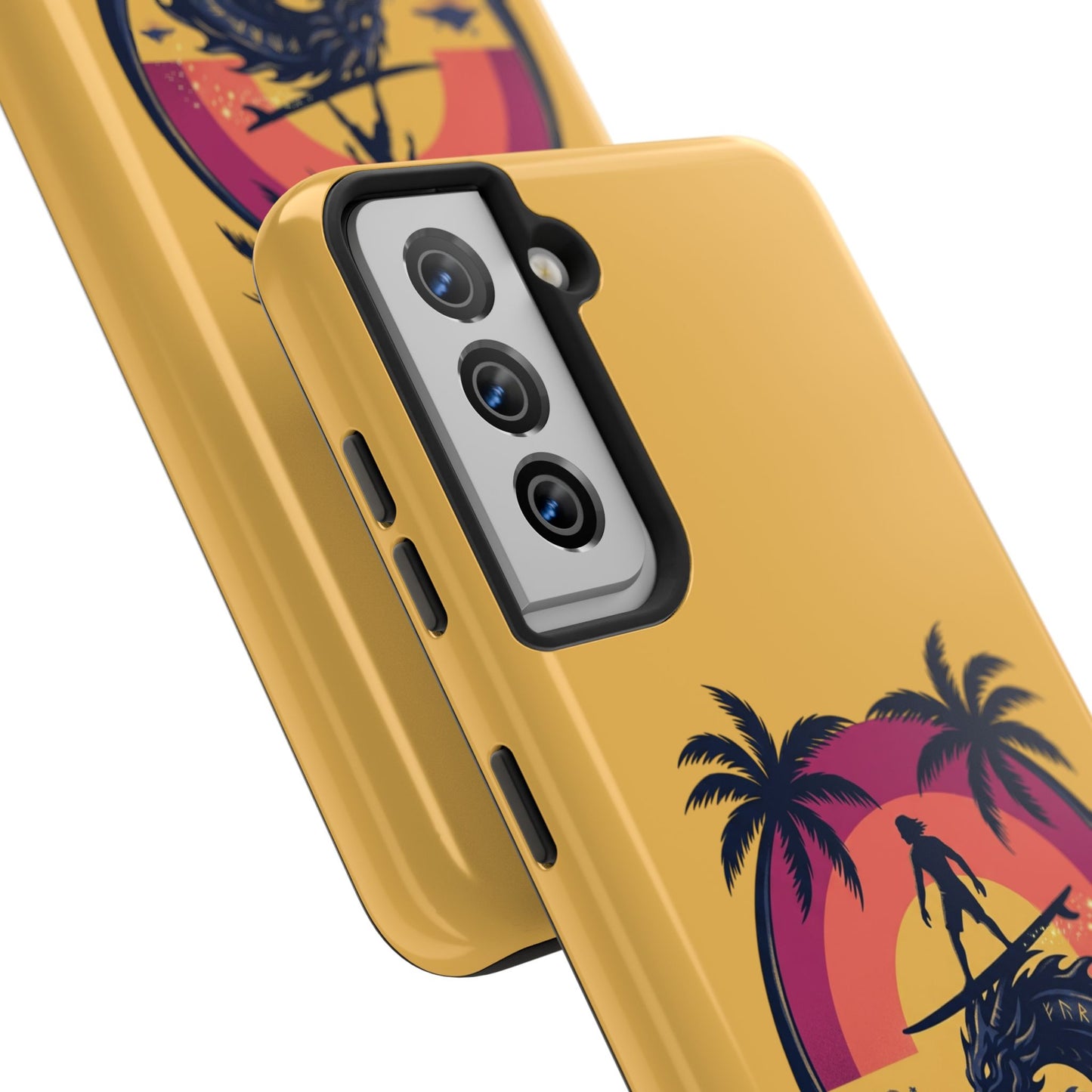 Surfing Dragon Phone Case — Silhouette Surfer with Palms & “Summer Vibes”