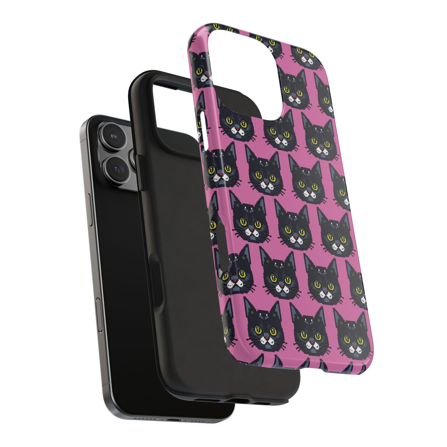 Playful Black Cat on Pink - Tough Phone Case - Pixel Cat Pattern - for iPhone