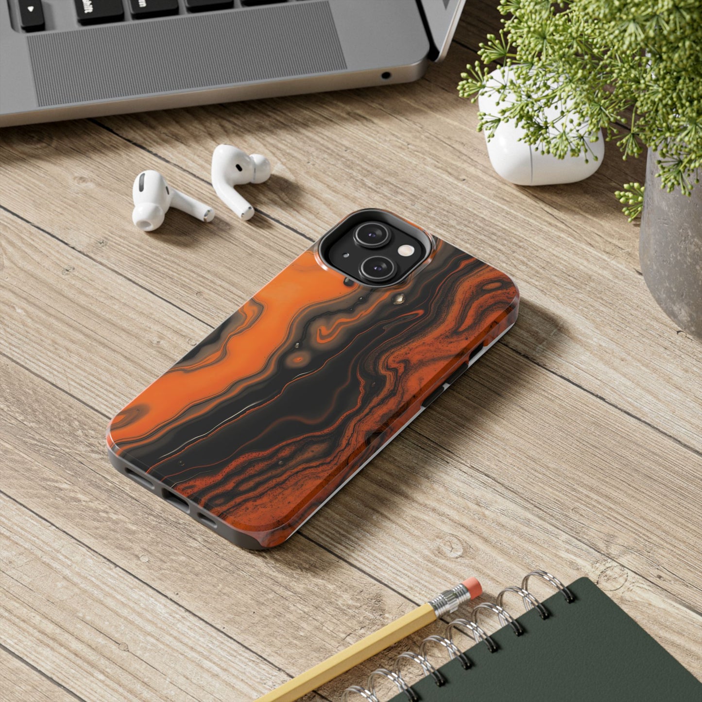 Stylish Tough Phone Case - Bold Black and Orange Metallic Lava Flow Design - for iPhone