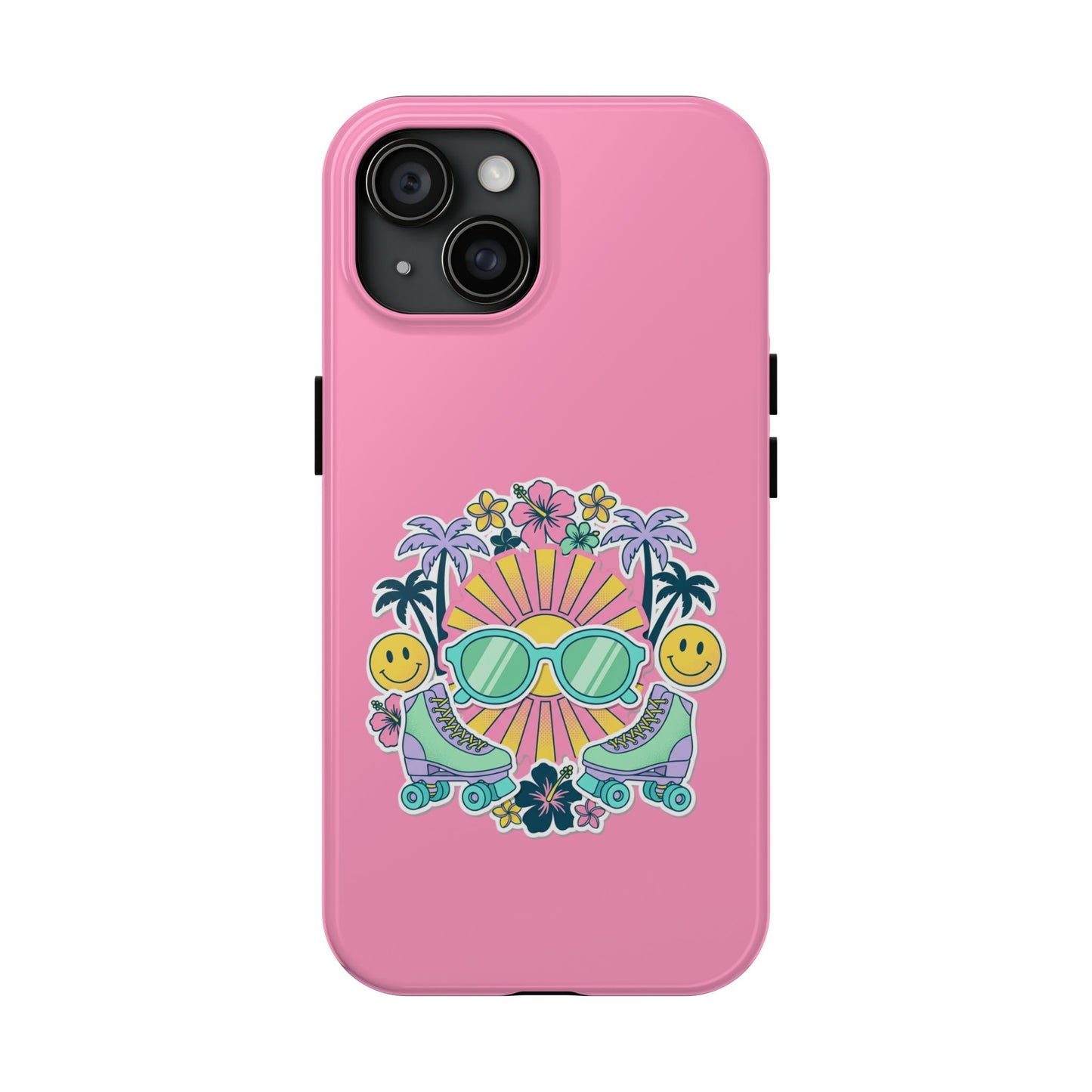 Retro Summer Phone Case — Y2K Palm Trees, Roller Skates & Smiley Collage