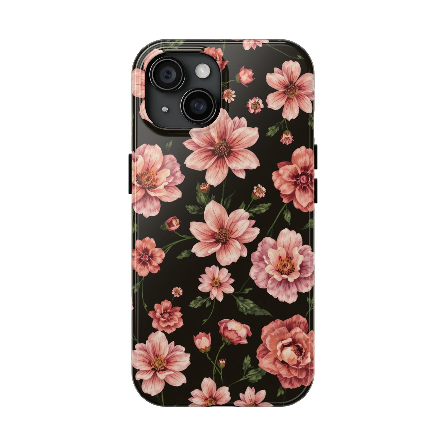 Floral Tough Phone Case - Durable Protection with Elegant Pink Flowers on Black Design - for iPhone