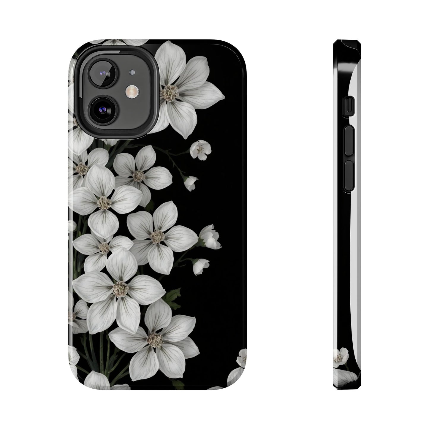 Floral Tough Phone Case - Pure Elegant White Petals on Black Background - for iPhone