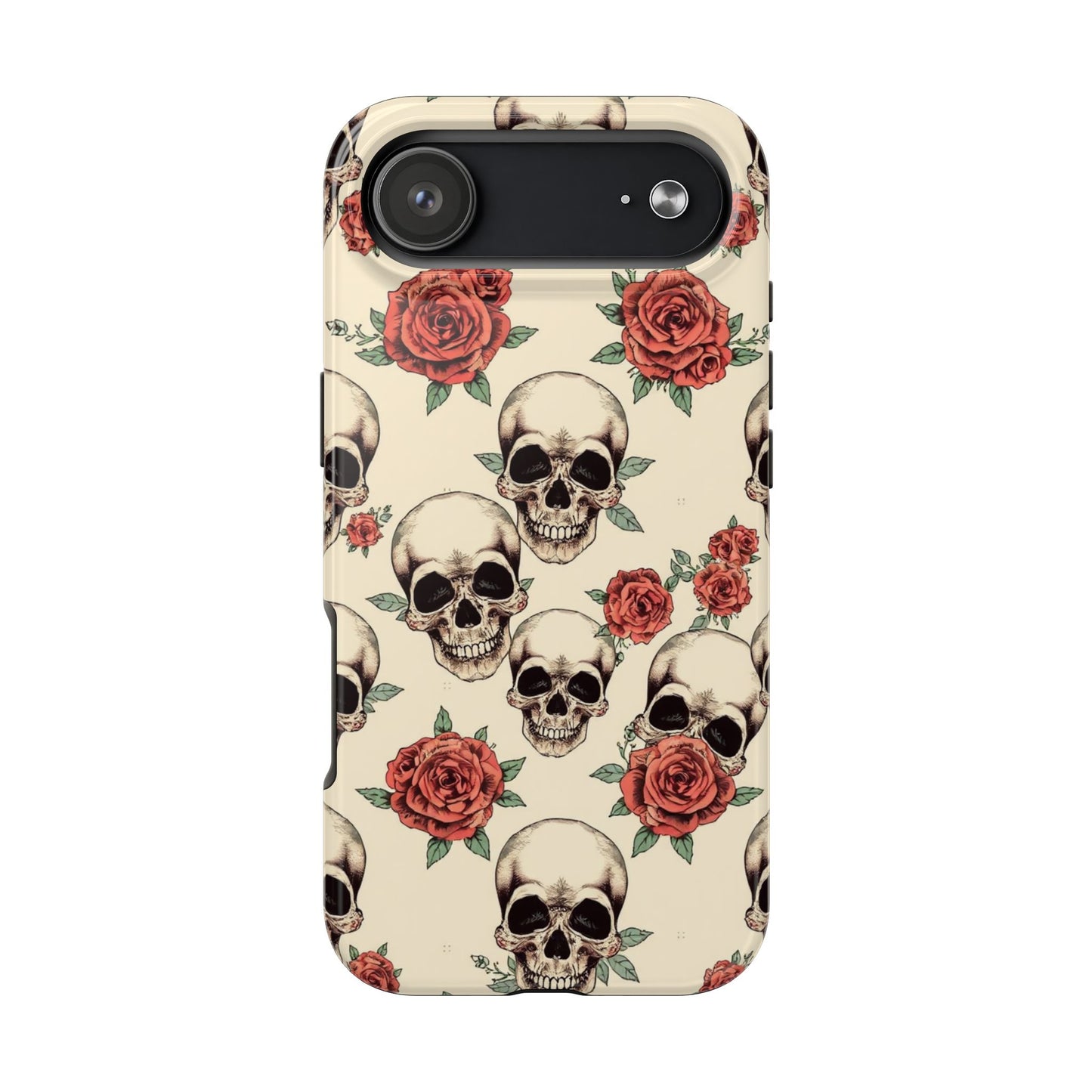 Tough Phone Case with Skull and Rose Design - Edgy Floral iPhone Protection