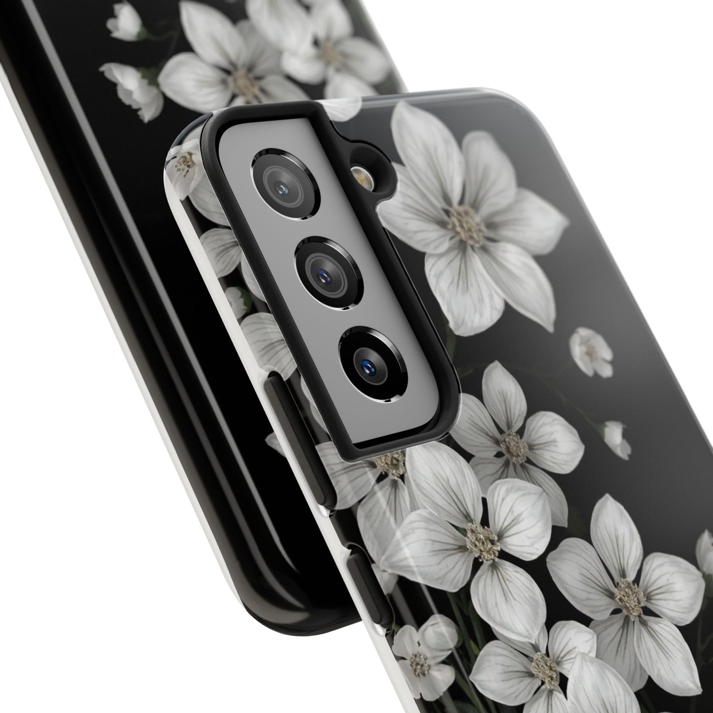 Floral Tough Phone Case - Pure Elegant White Petals on Black Background - for iPhone
