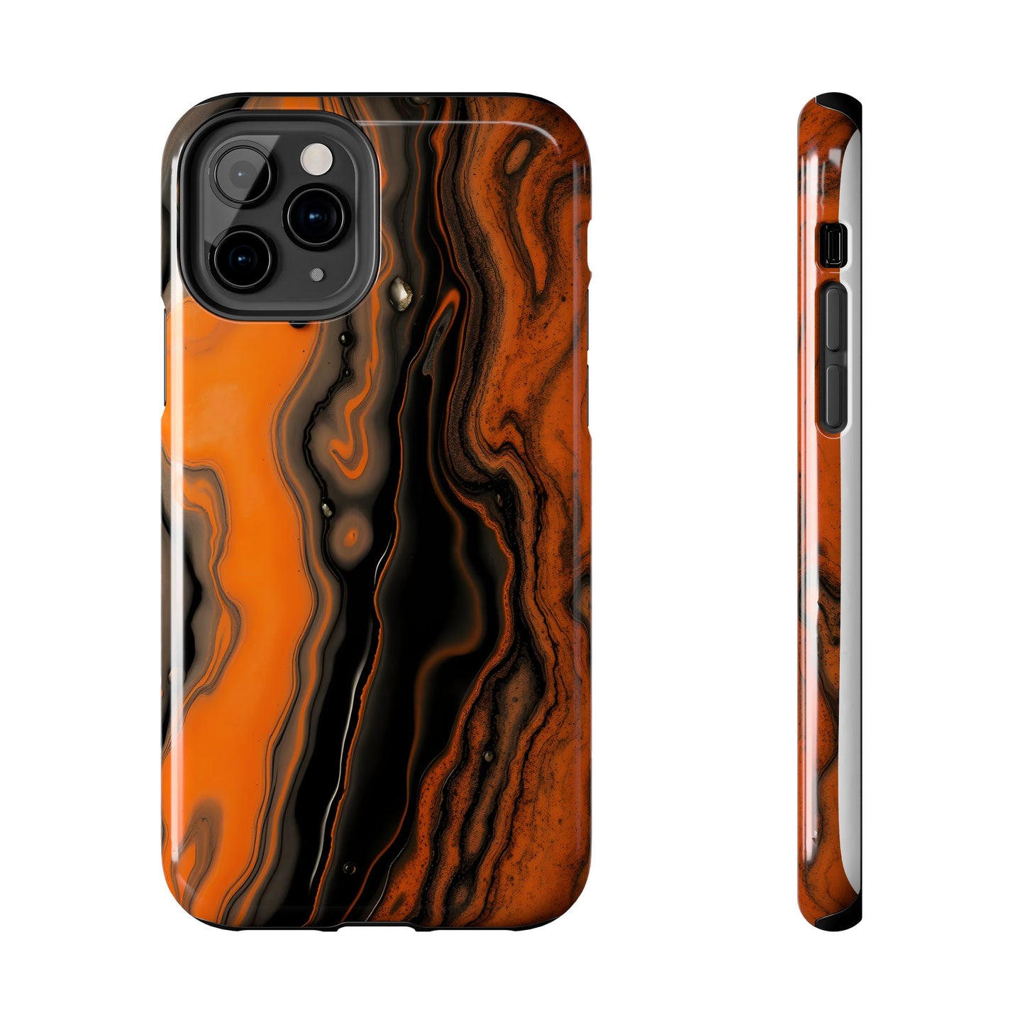 Stylish Tough Phone Case - Bold Black and Orange Metallic Lava Flow Design - for iPhone