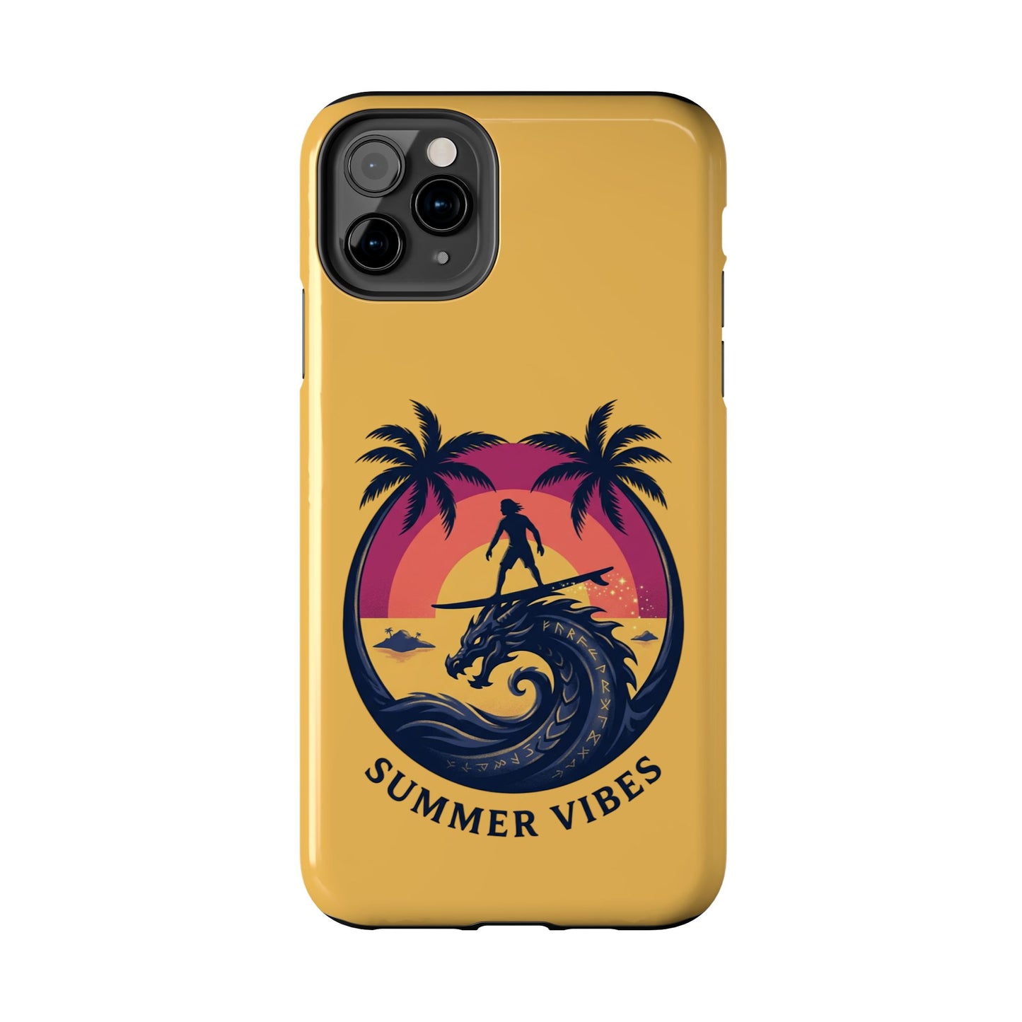 Surfing Dragon Phone Case — Silhouette Surfer with Palms & “Summer Vibes”