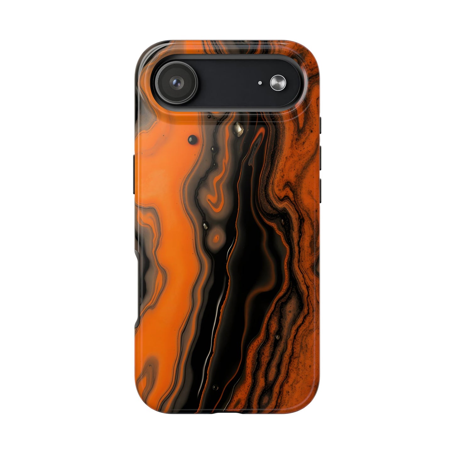 Stylish Tough Phone Case - Bold Black and Orange Metallic Lava Flow Design - for iPhone