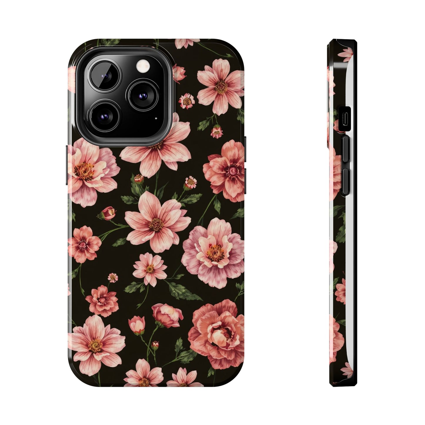 Floral Tough Phone Case - Durable Protection with Elegant Pink Flowers on Black Design - for iPhone