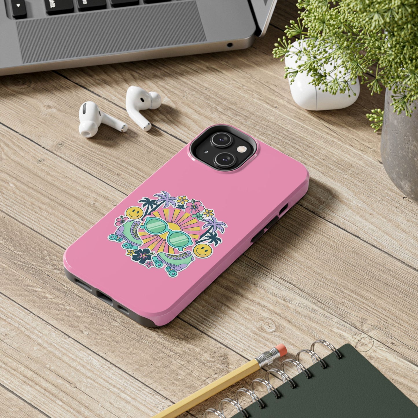 Retro Summer Phone Case — Y2K Palm Trees, Roller Skates & Smiley Collage