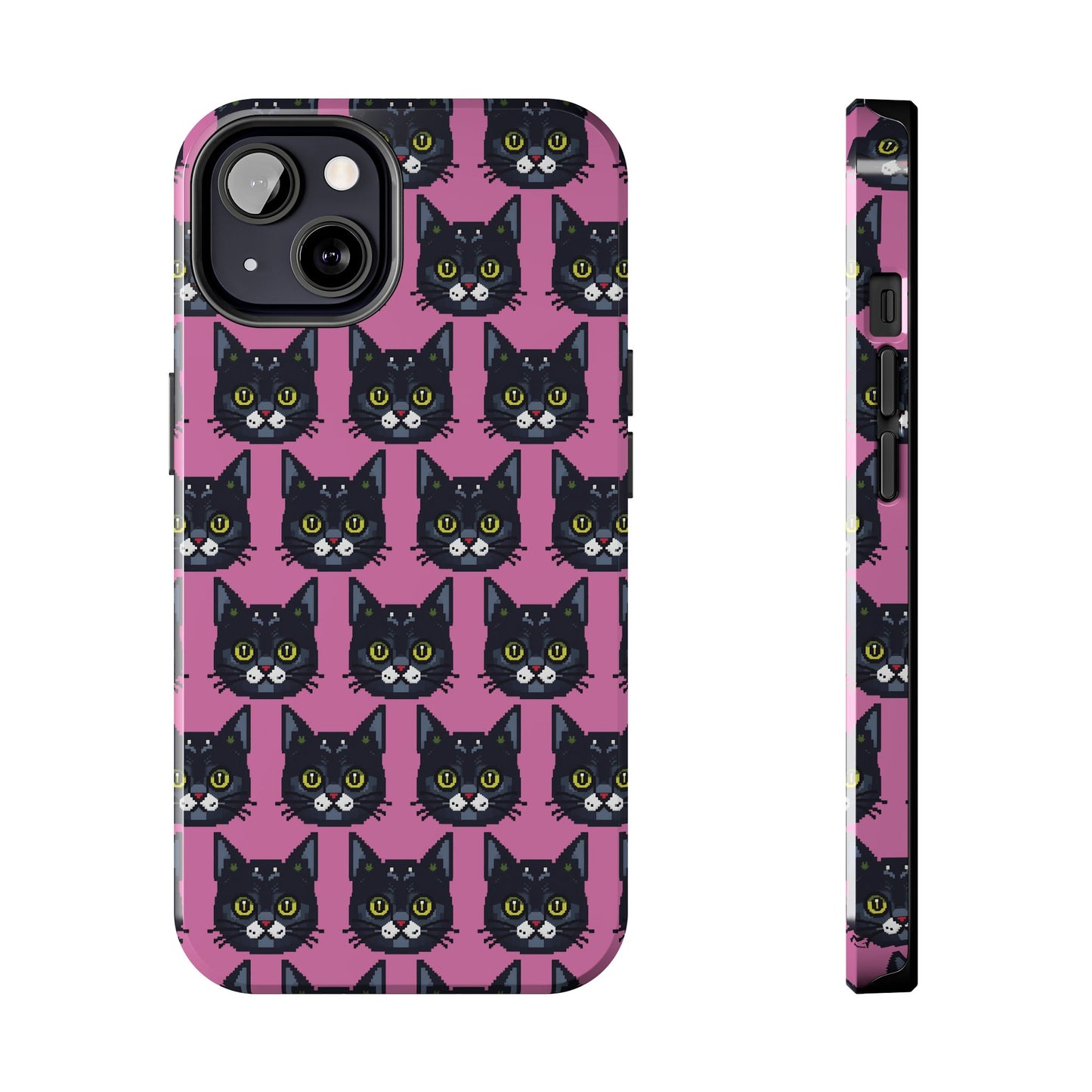 Playful Black Cat on Pink - Tough Phone Case - Pixel Cat Pattern - for iPhone