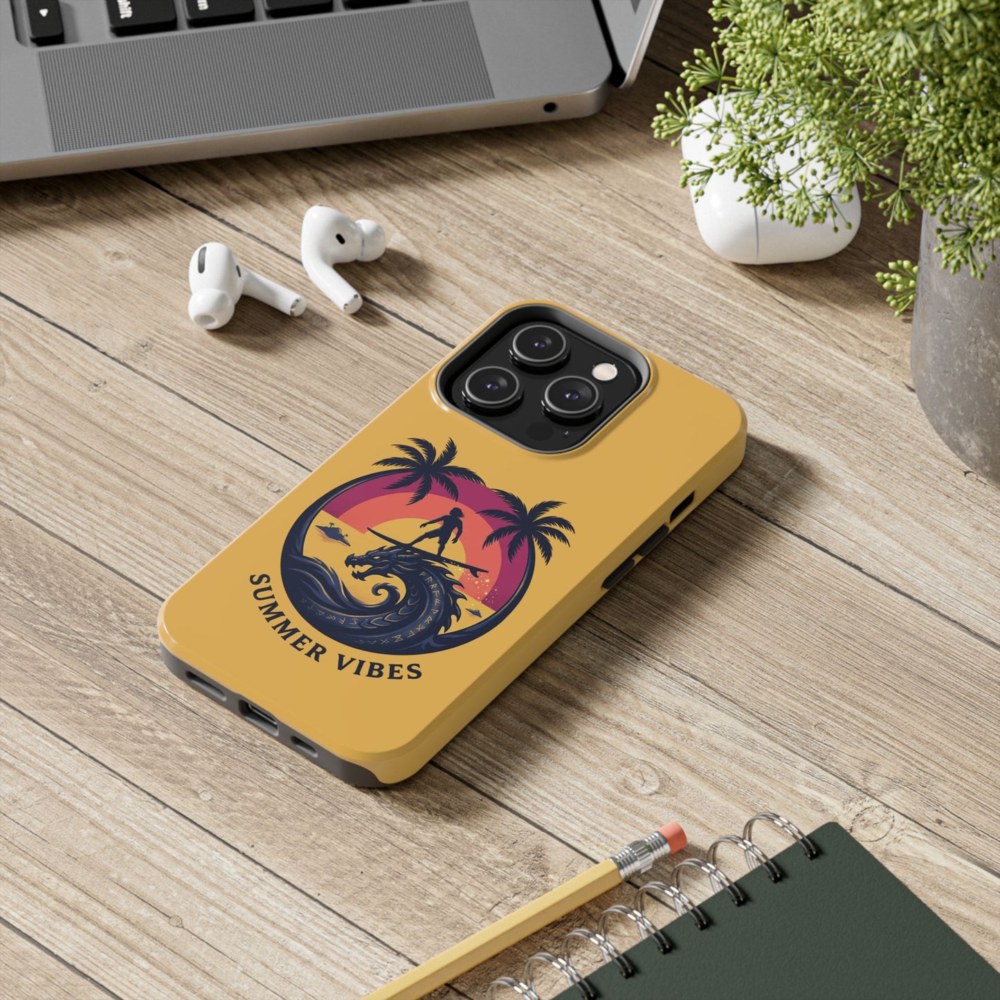 Surfing Dragon Phone Case — Silhouette Surfer with Palms & “Summer Vibes”