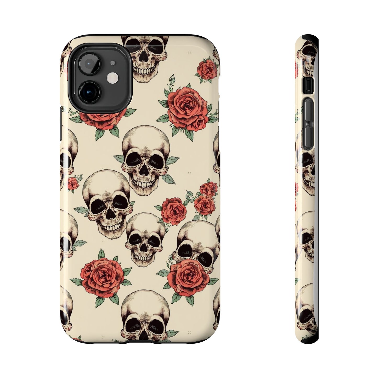 Tough Phone Case with Skull and Rose Design - Edgy Floral iPhone Protection