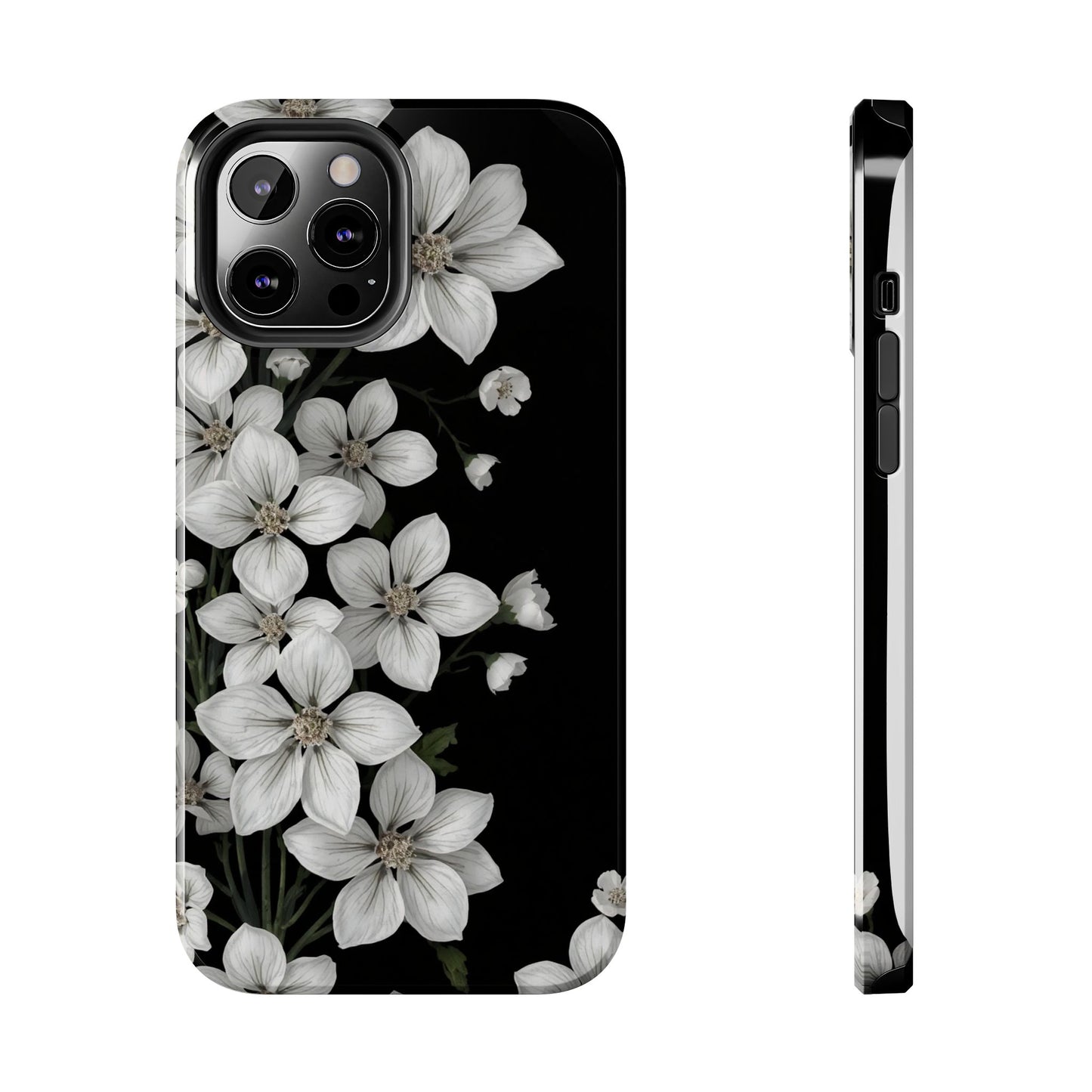 Floral Tough Phone Case - Pure Elegant White Petals on Black Background - for iPhone