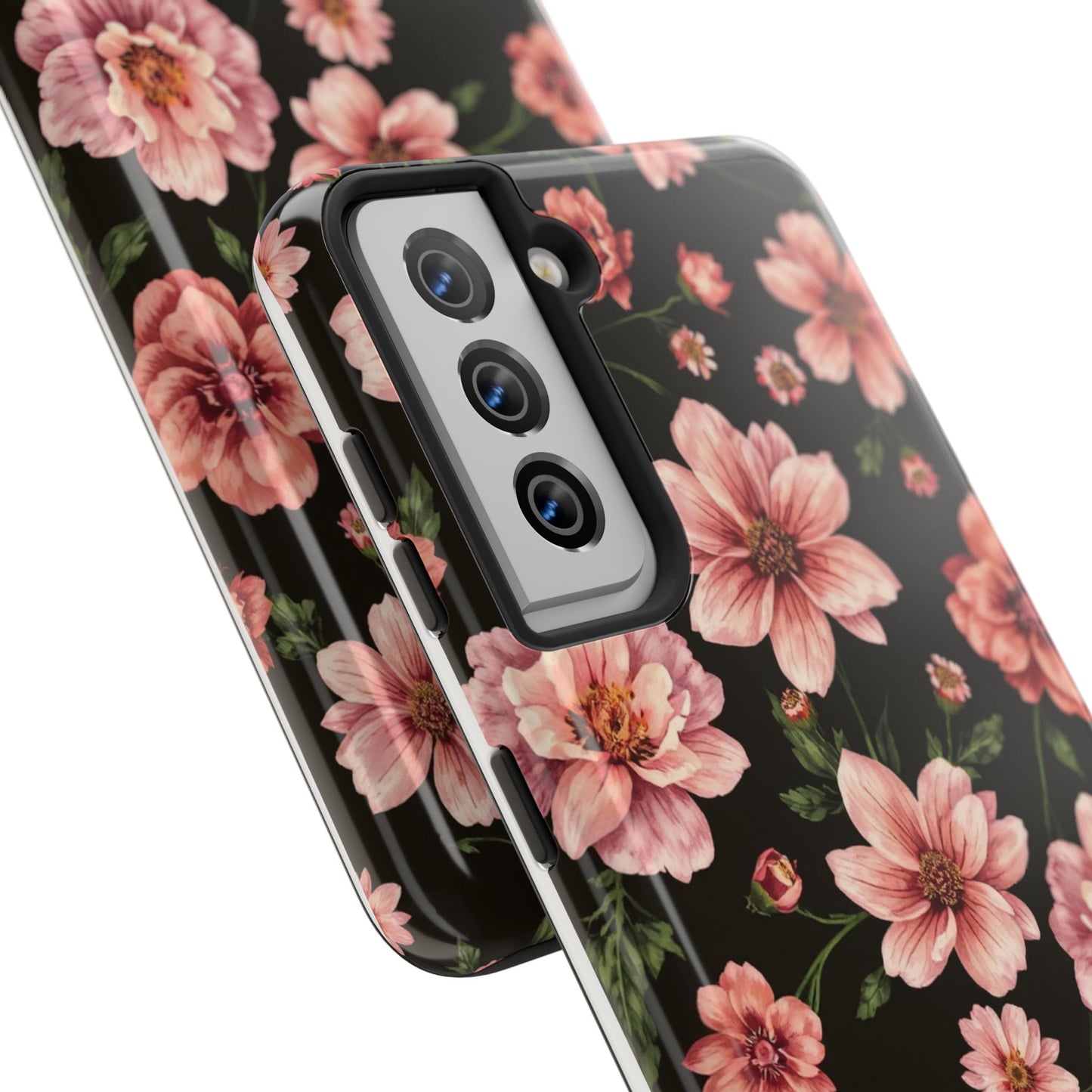 Floral Tough Phone Case - Durable Protection with Elegant Pink Flowers on Black Design - for iPhone