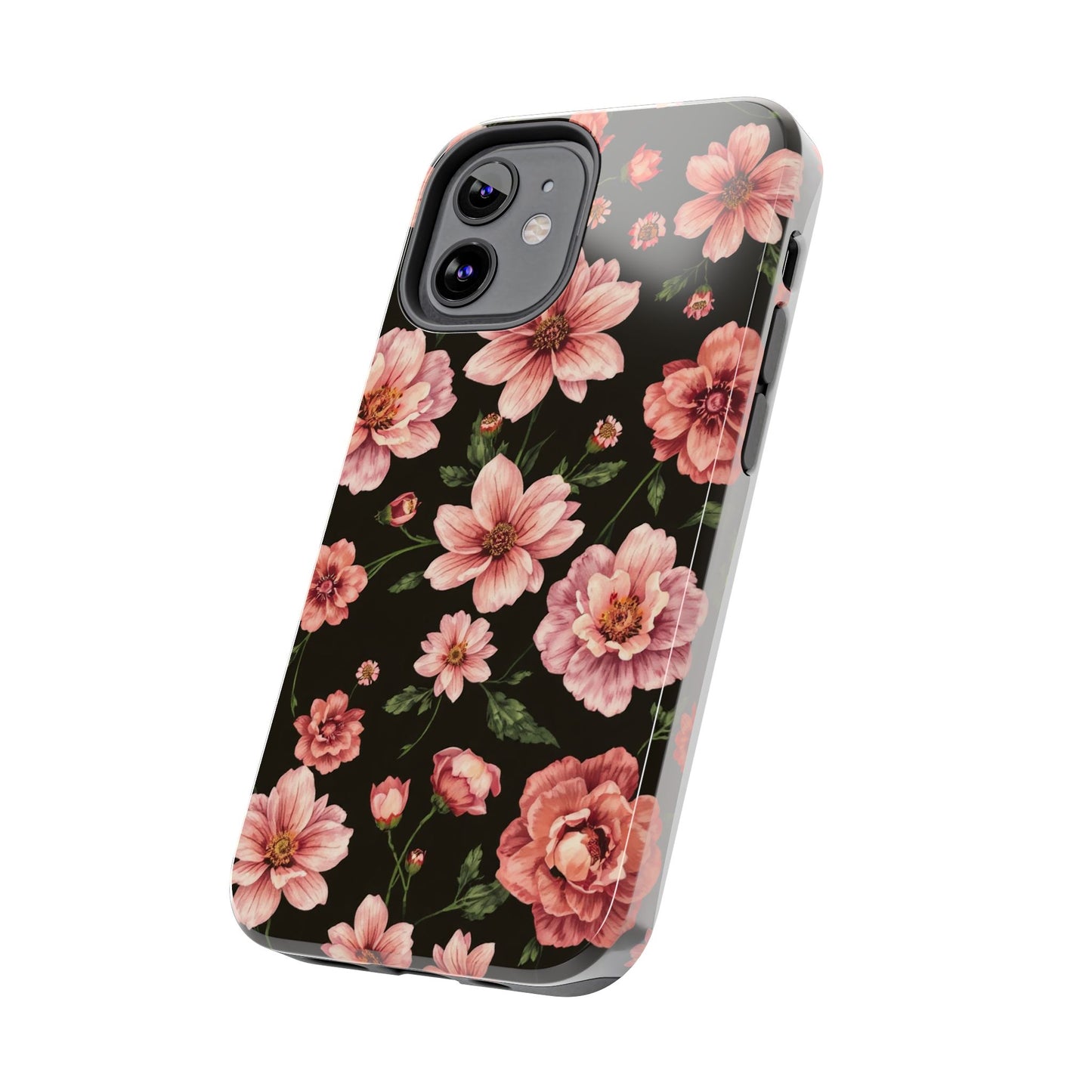 Floral Tough Phone Case - Durable Protection with Elegant Pink Flowers on Black Design - for iPhone