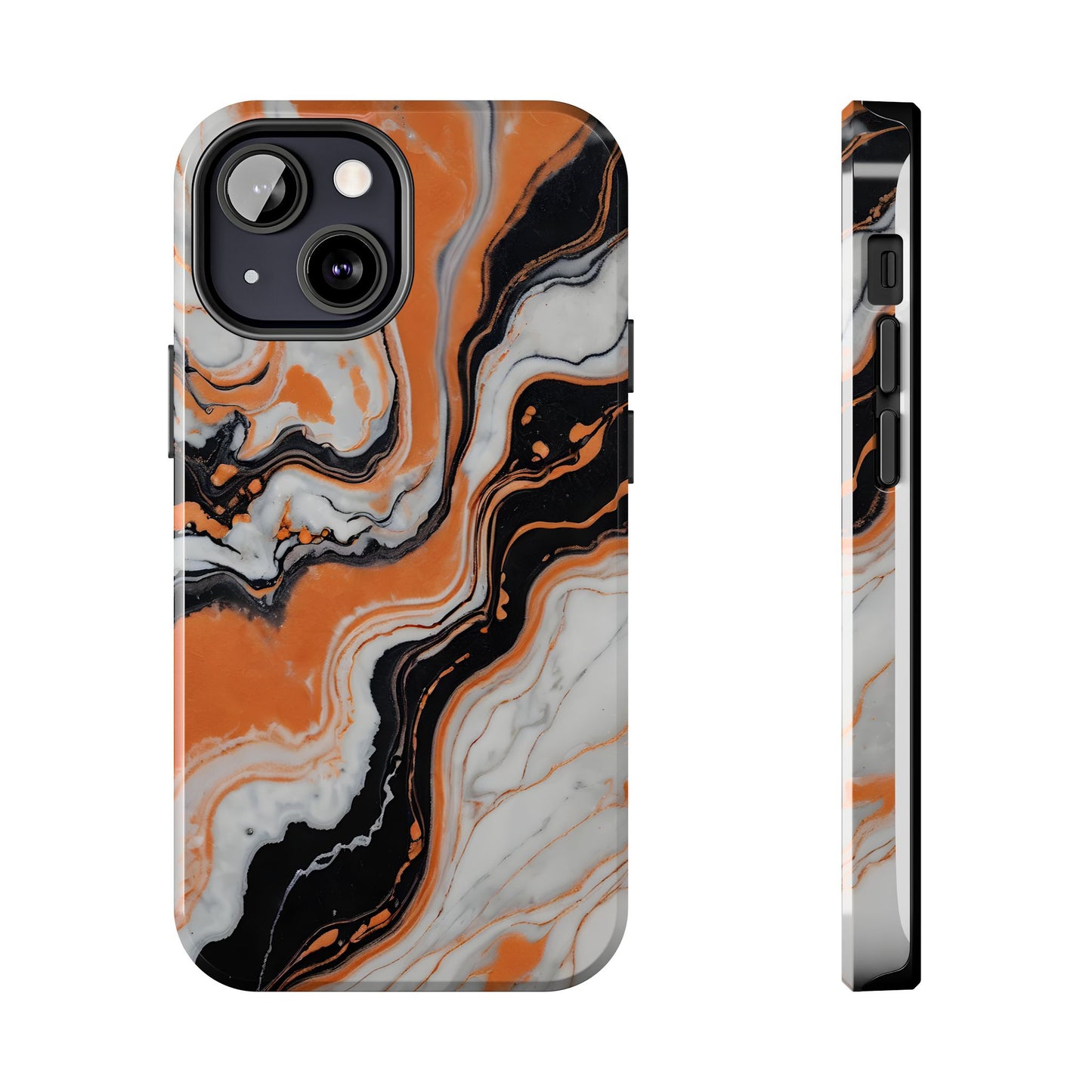 Stylish Tough Phone Case - Elegant Black, White & Orange Marble Design - for iPhone