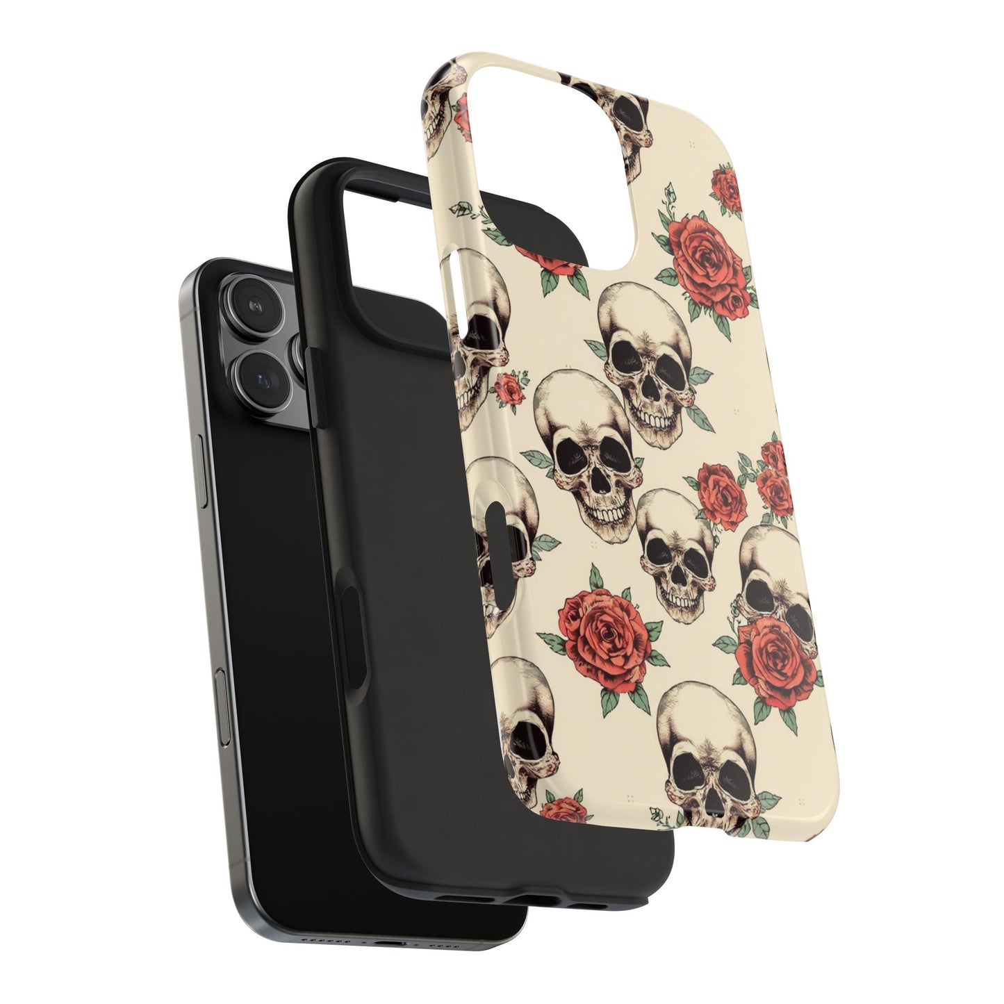 Tough Phone Case with Skull and Rose Design - Edgy Floral iPhone Protection