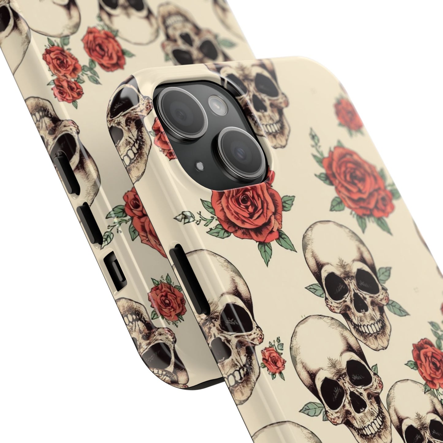 Tough Phone Case with Skull and Rose Design - Edgy Floral iPhone Protection