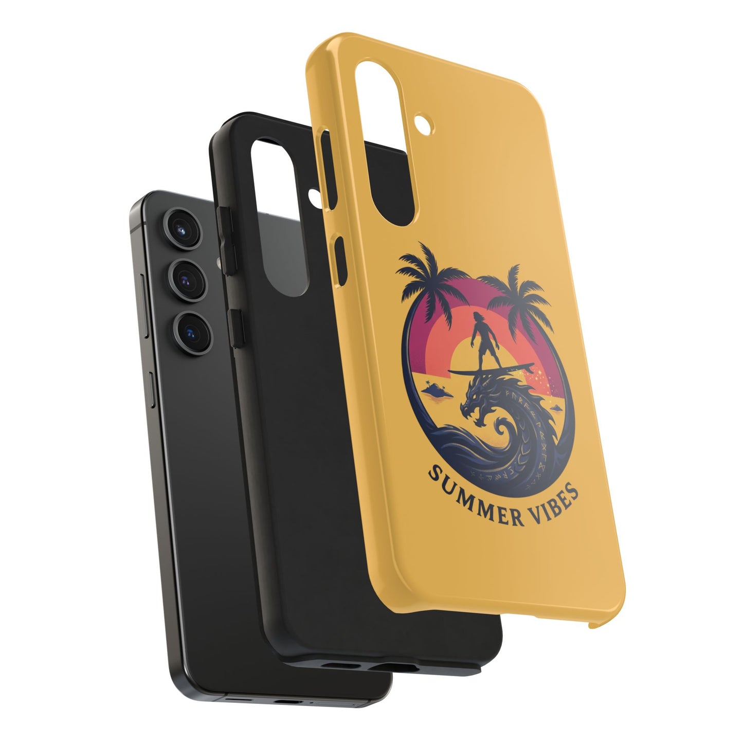 Surfing Dragon Phone Case — Silhouette Surfer with Palms & “Summer Vibes”