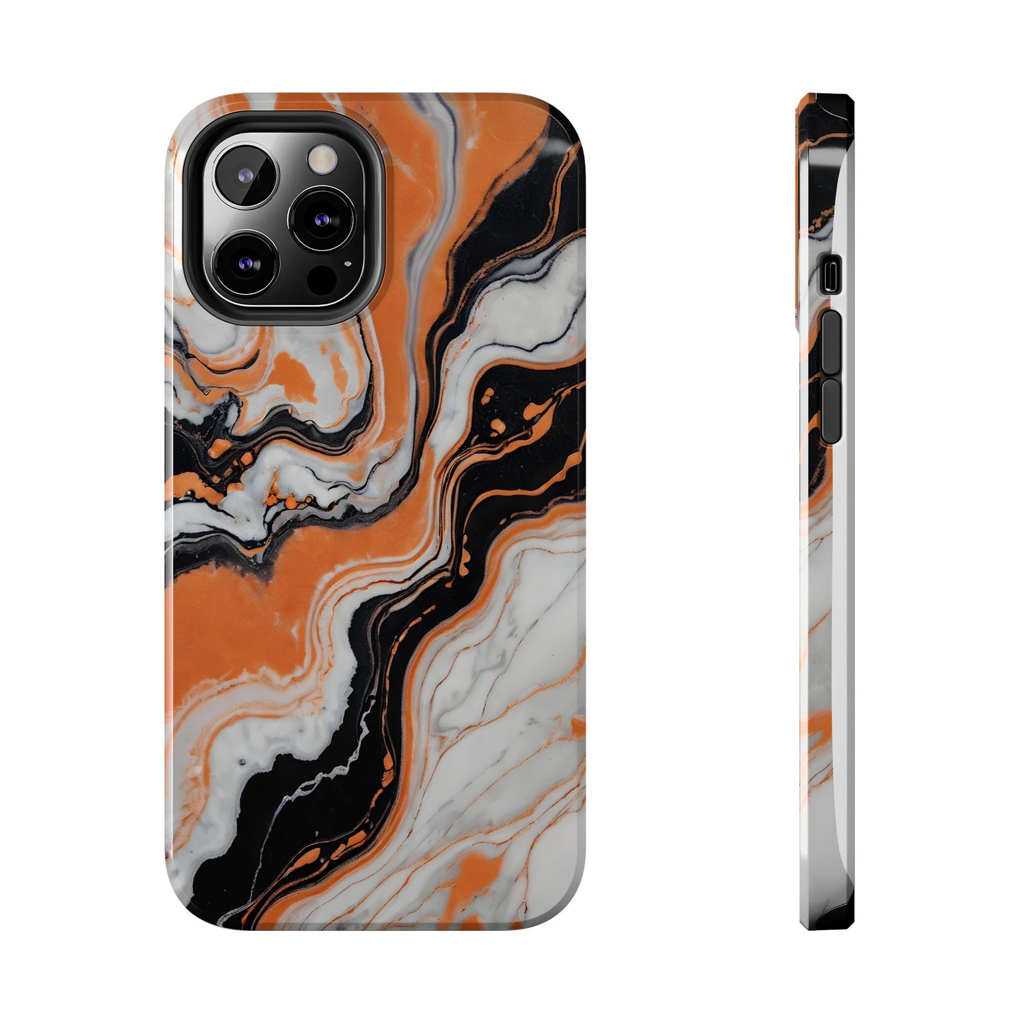 Stylish Tough Phone Case - Elegant Black, White & Orange Marble Design - for iPhone