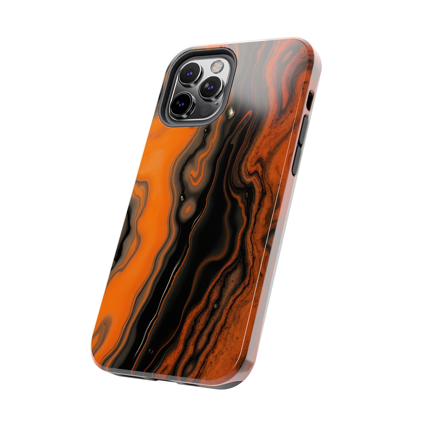 Stylish Tough Phone Case - Bold Black and Orange Metallic Lava Flow Design - for iPhone