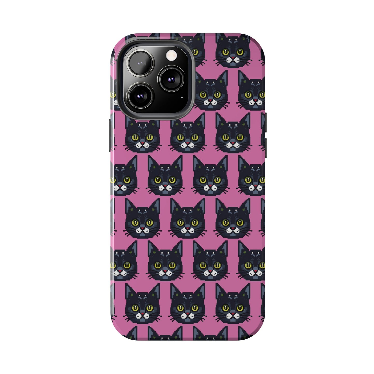Playful Black Cat on Pink - Tough Phone Case - Pixel Cat Pattern - for iPhone