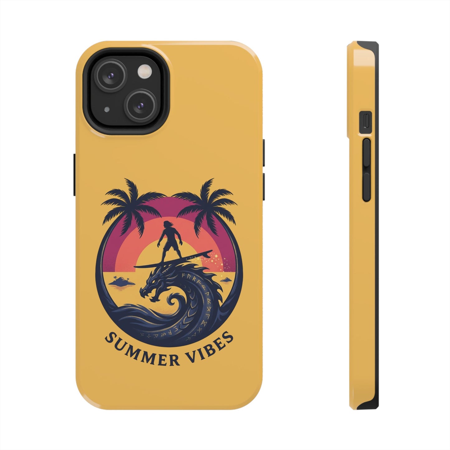 Surfing Dragon Phone Case — Silhouette Surfer with Palms & “Summer Vibes”